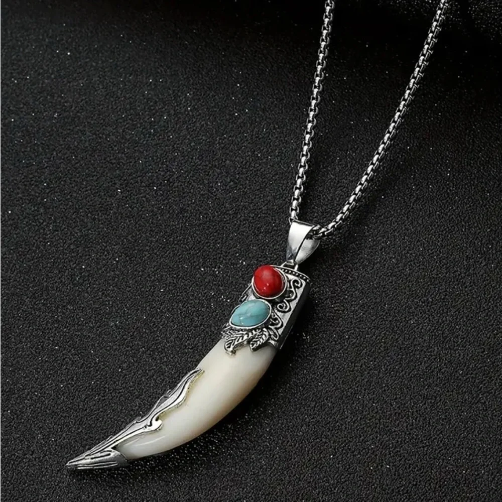 Silver Pendant Necklace with Red and Blue Accents.